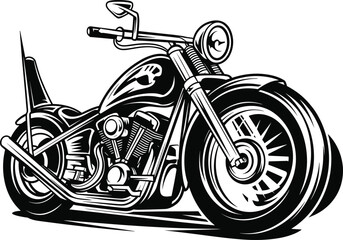 Classic cruiser motorcycle illustration, vintage chopper drawing, bold mechanical details, skull emblem fuel tank, biker art, retro bike sketch, freedom, adventure © MSTMISLA