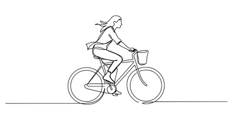 Obraz premium Continuous line illustration of woman on bicycle with minimalism transportation exercise
