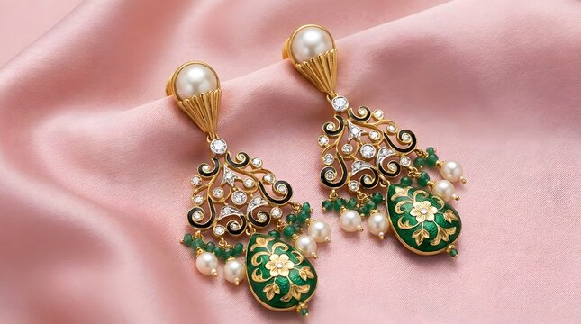 Elegant Green Meenakari Kundan Pearl and Gold Vintage Drop Earrings on Pink Silk Background