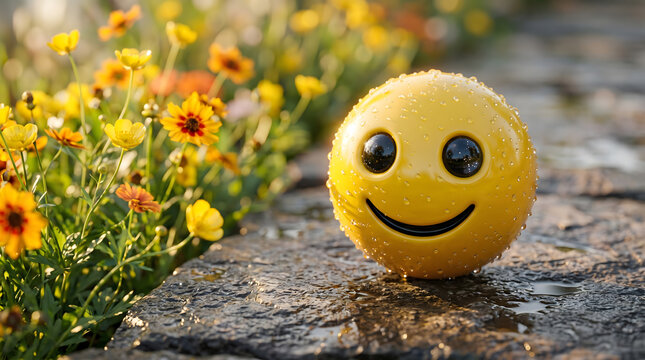 A smiling yellow smiley face on a wet stone path surrounded by vibrant yellow and orange flowers on a sunny day.
