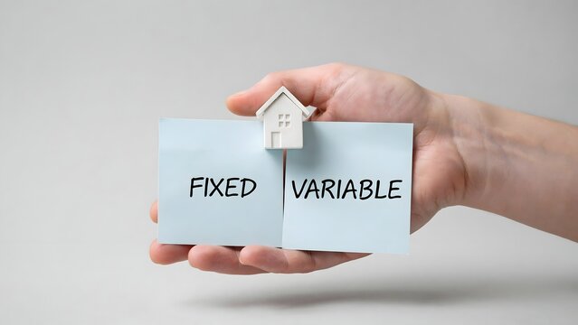 Hand holding fixed and variable rate house loan sticky notes with small white house on top for financial comparison