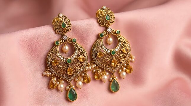 Elegant Kundan Pearl and Emerald Chandbali Vintage Gold Drop Earrings on Pink Silk Background