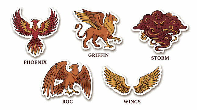 Mythical Creatures Collection: A set of five stylized illustrations depicting mythical creatures and elements: a phoenix, a griffin, a storm cloud with a face, a roc, and a pair of wings.