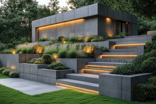 Minimalist concrete house with terraced retaining walls, illuminated steps, ornamental grasses and shrubs at dusk, tranquil elegant outdoor landscape