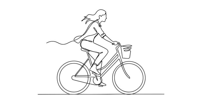 Continuous single line drawing of woman riding bicycle with transportation, continuous
