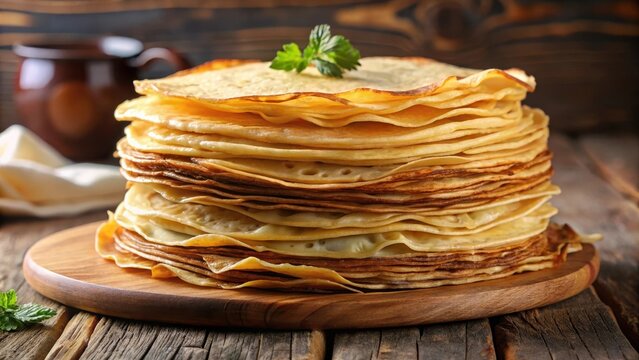 Stack of thin crepes ready for delicious sweet or savory fillings copy space