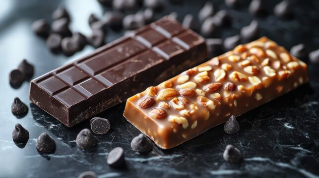 Decadent dark chocolate bar and nut-topped caramel milk chocolate bar with scattered chocolate chips on glossy dark marble, evoking indulgence and temptation