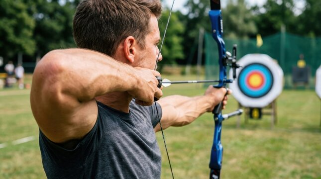 Determined male archer aiming bow and arrow at during outdoor practice session