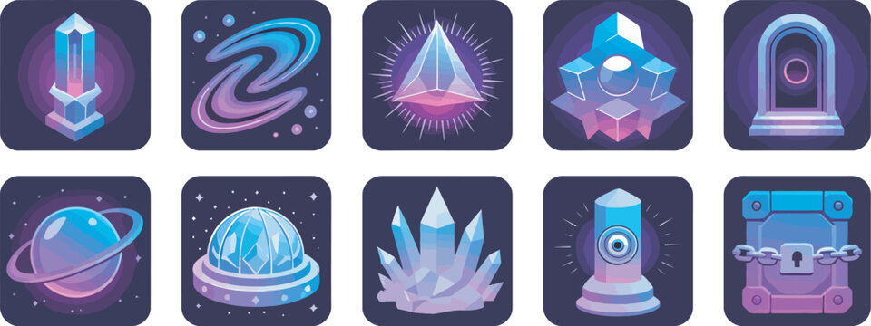 Mystical fantasy object collection, vector illustration featuring glowing purple magical portals, enchanted crystals, spell effects, mystical artifacts, energy orbs, and fantasy elements isolated 