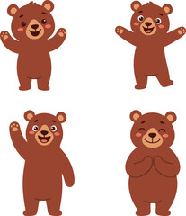 Cute cartoon brown bear character set with various poses and expressions. Happy little grizzly bear cub collection standing, waving, and smiling. Vector illustration isolated on white background. © Arwinda