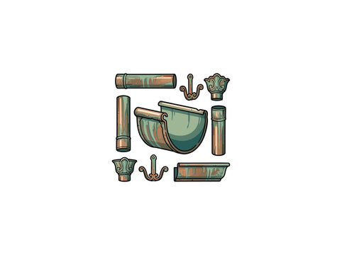 Weathered Copper Rain Gutter Elements Including Pipes, Decorative End Caps, Ornate Hooks, And A Trough Section With Realistic Patina, Craftsmanship Detail, Vector Illustration