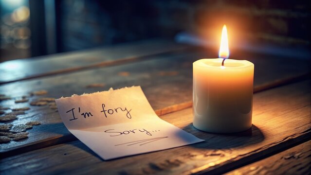 Burning candle beside note saying i m sorry in dimly lit setting
