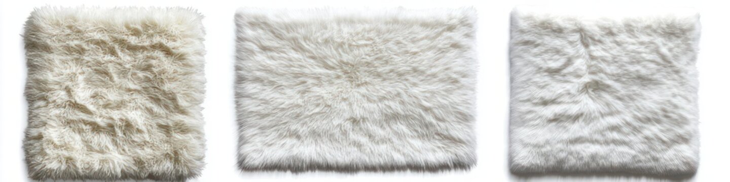 three cream and white faux fur throw cushions with varying textures: shaggy square, long-pile rectangle, and compact short-pile square, soft cozy and inviting