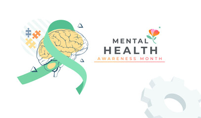 Fototapeta premium Mental Health Awareness Month horizontal background. Features a human brain illustration with a flowing green ribbon, puzzle pieces, and a gear on white space for therapy and wellness support. healthy
