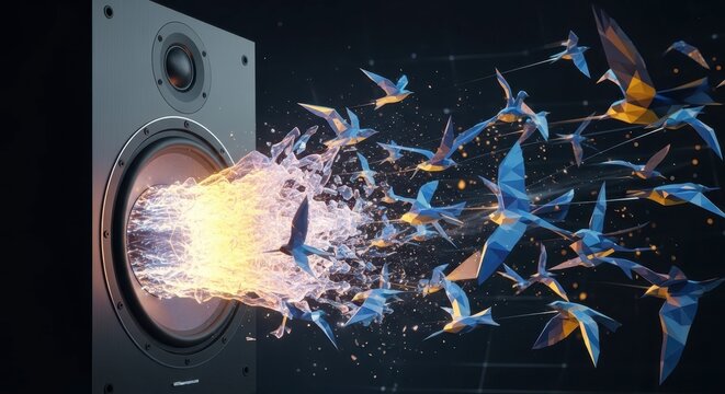 Colorful birds emerge from speaker explosion.