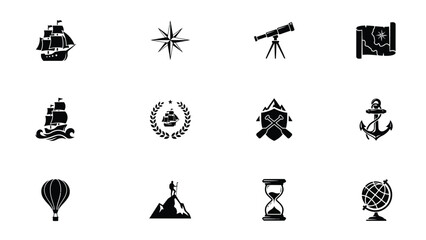 Nine vintage style icons representing exploration adventure © PRITOM