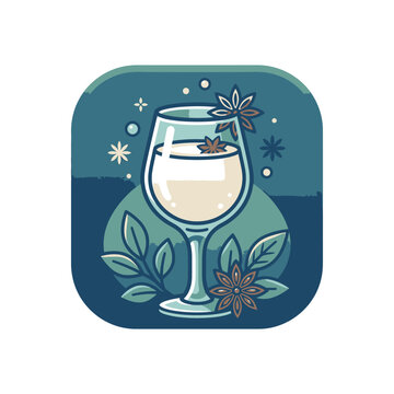 Stylized glass of eggnog with star anise and herbs.