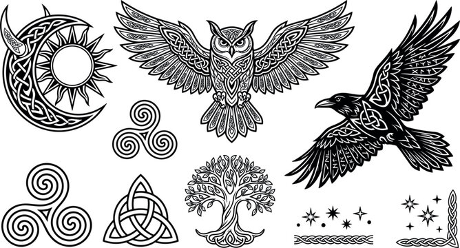 Celtic Mythology Symbol Set Featuring Detailed Knotwork Owl Raven Tree of Life Moon Sun and Triskele Icons for Pagan Tattoo and Mystic Graphic Designs