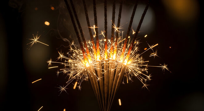 A vibrant sparkler emits bright sparks and light in a dark environment.
