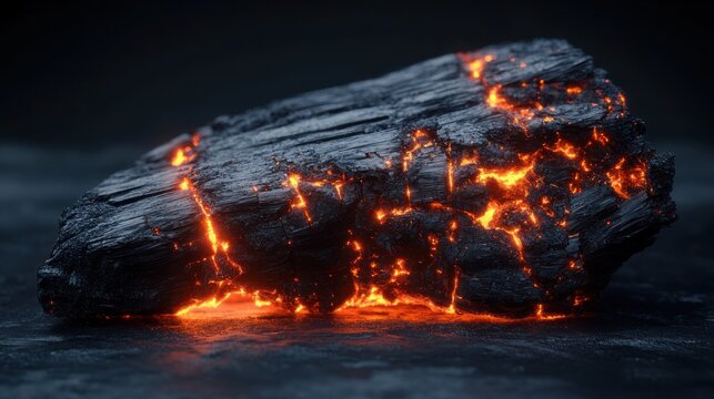 Close-up of a smoldering charred log with glowing molten cracks, radiating intense heat and an ominous, dramatic atmosphere
