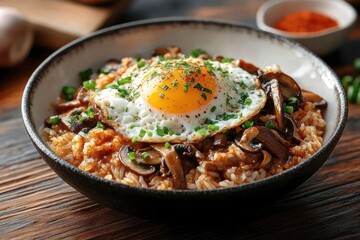 Fototapeta premium Hearty rice bowl with sautéed mushrooms, runny sunny-side-up egg, chopped chives and savory sauce on a rustic wooden table, warm and comforting