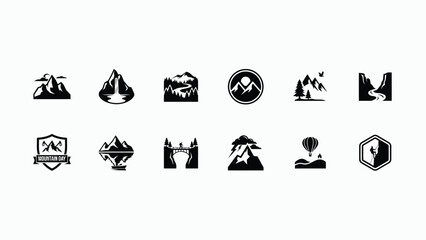 Modern black and white mountain adventure icons showcasing hiking camping and exploration themes for outdoor branding © PRITOM