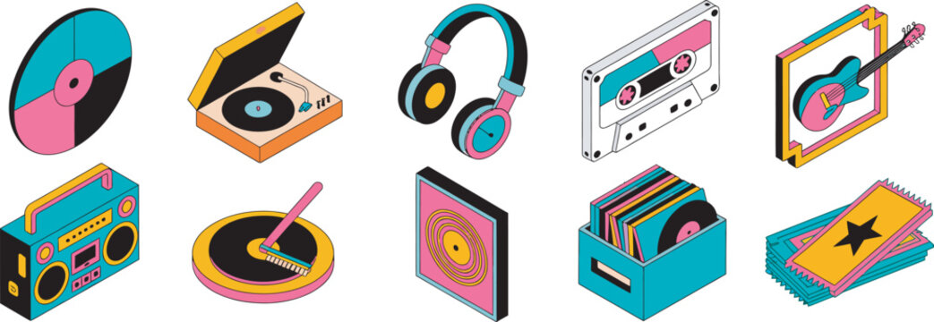  Music icon set, vector collection featuring vinyl records, turntable, cassette tapes, audio cassettes, record players, headphones, and retro music elements ideal for entertainment, nostalgia, 