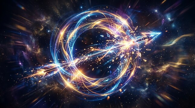 Futuristic abstract energy with penetrating golden arrow abstract particles technology universe