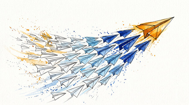 Blue amber watercolor ink paper planes in formation, representing scalable business vision, unified direction, leadership and collective momentum concept