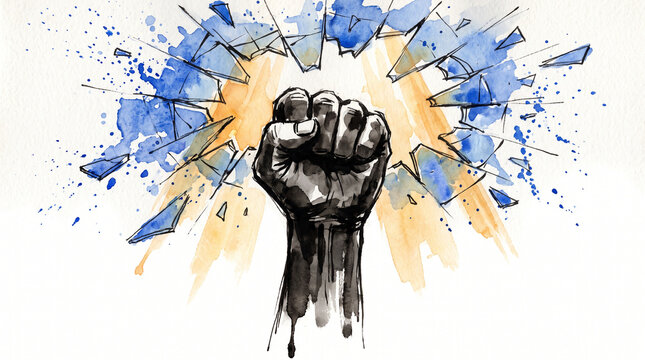 Blue amber watercolor ink fist breaking glass ceiling, representing breaking corporate limits, business breakthrough, ambition, empowerment and overcoming barriers concept
