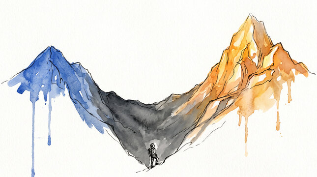 Blue amber watercolor ink two mountain peaks with valley, representing business overcoming the dip, perseverance through challenges and reaching greater success concept