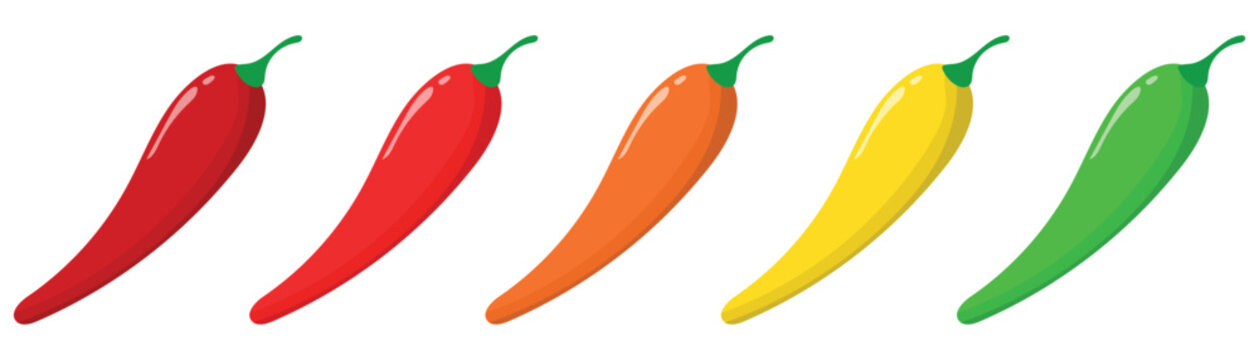 Five colored chili peppers arranged in a row from red to green.