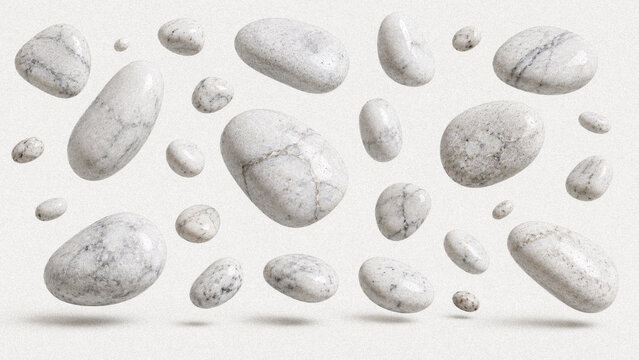 Floating White Marble Pebble Stone Collection Isolated on White Background