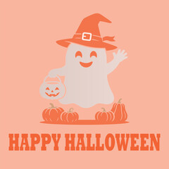 Fototapeta premium Happy Halloween greeting banner with cute ghost wearing witch hat and pumpkins on orange background