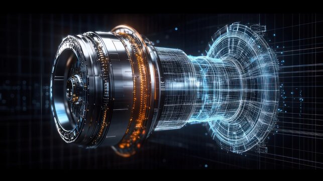 Futuristic metallic turbine hub with glowing orange highlights and holographic blue wireframe conveying precision engineering and dynamic motion