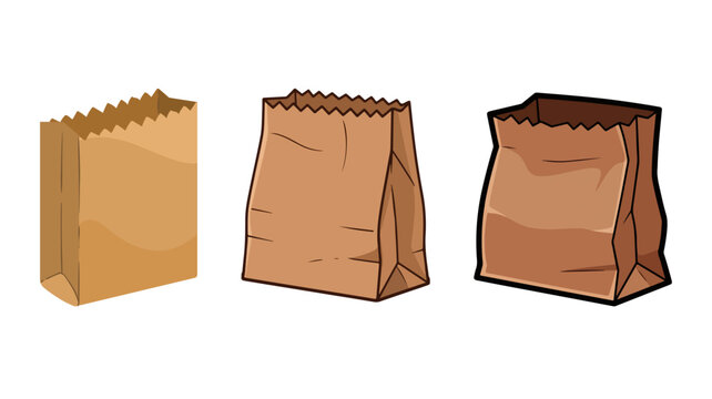 Set of three empty brown paper bags for groceries or lunch delivery isolated on white background with packaging delivery container shopping environment disposable illustration