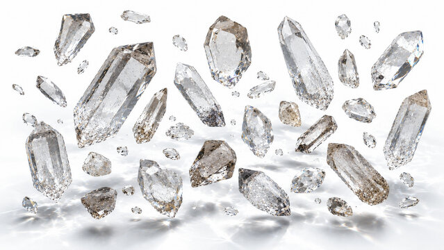Floating Transparent Quartz Crystal Collection Isolated on White Background