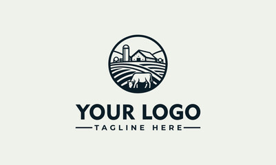 Farm agriculture barn and cow vector logo illustration for organic food brand © nuaari