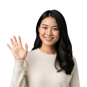 Happy young asian woman waving hand and smiling isolated on transparent background