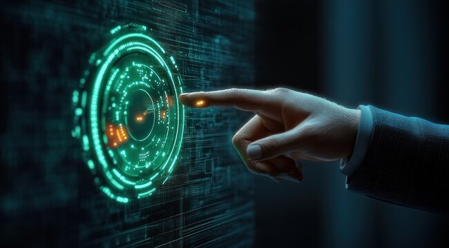 business hand reaching to touch a glowing green circular holographic interface with concentric data rings and streams, conveying focus, precision and futuristic control