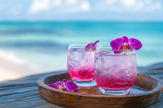 two pink iced cocktails in clear glasses garnished with purple orchids on a wooden tray by the turquoise ocean, evoking tropical relaxation and seaside refreshment