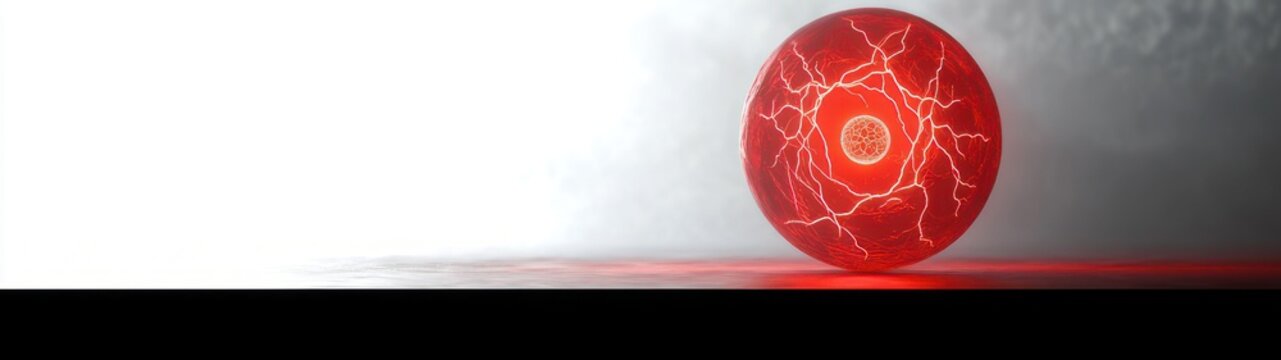 Glowing red orb with electric veins and a central patterned core on a reflective floor, minimal misty background, eerie and powerful atmosphere
