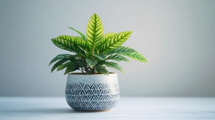 Fototapeta premium variegated green houseplant with patterned ceramic pot on white tabletop and soft gray background, peaceful minimalist still life