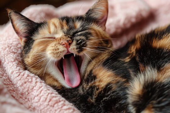 calico cat yawning widely while curled up and snuggled on a soft pink blanket, sleepy and content