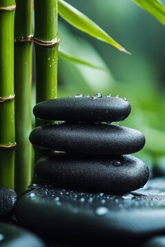 stacked wet black spa stones with water droplets beside bamboo stalks and green leaves, serene calm relaxation and balance