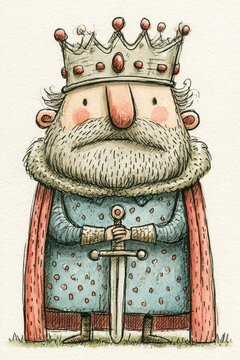 Whimsical Watercolor Illustration of a Stout King with Crown, Beard, and Sword