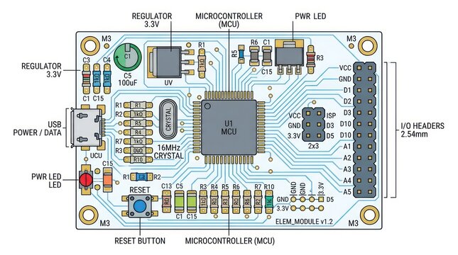 Electronic module hardware schematic diagram with labeled components and microcontroller chip.