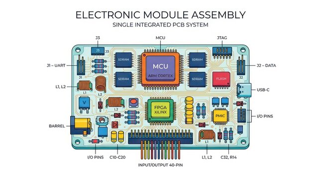 Integrated printed circuit board system with mcu and fpga processors and data memory chips.