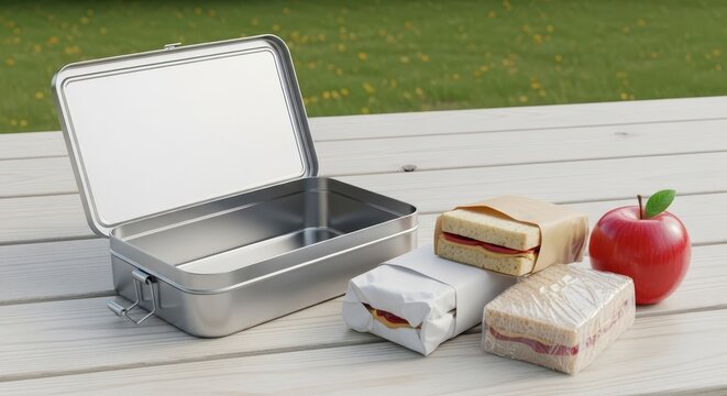 Lunch box with sandwiches and apple.