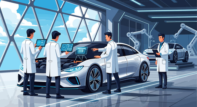Automotive engineers in lab coats developing a modern electric vehicle in a high tech laboratory.